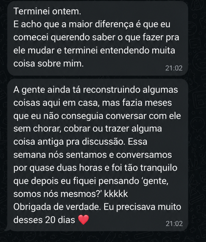 Print real de WhatsApp: depoimento de uma participante ao terminar os 20 dias